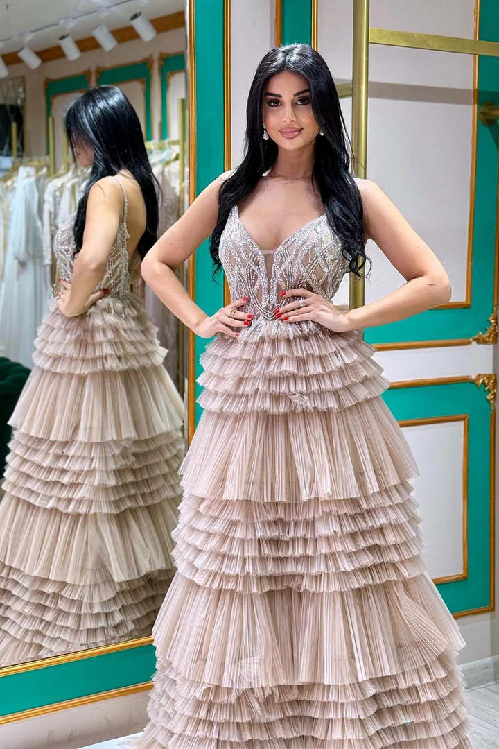 Light Grey Tiered Prom Gown with Beads