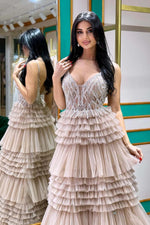 Load image into Gallery viewer, Light Grey Tiered Prom Gown with Beads
