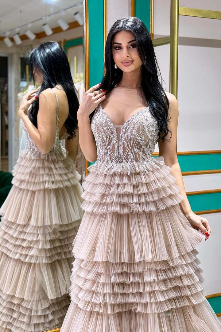 Light Grey Tiered Prom Gown with Beads