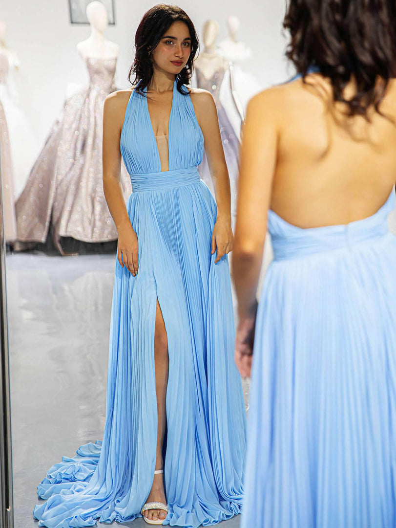 Light Blue Backless Prom Dress