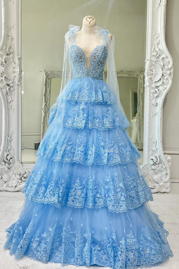 Light Blue Embroidery Ruffle Prom Dress