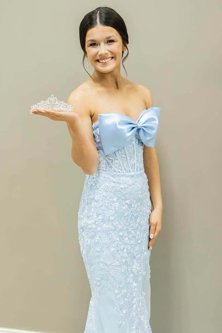 Strapless Lace Appliques Prom Dress with Bow