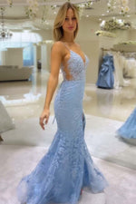 Load image into Gallery viewer, Light Blue Appliques Prom Dress with Slit
