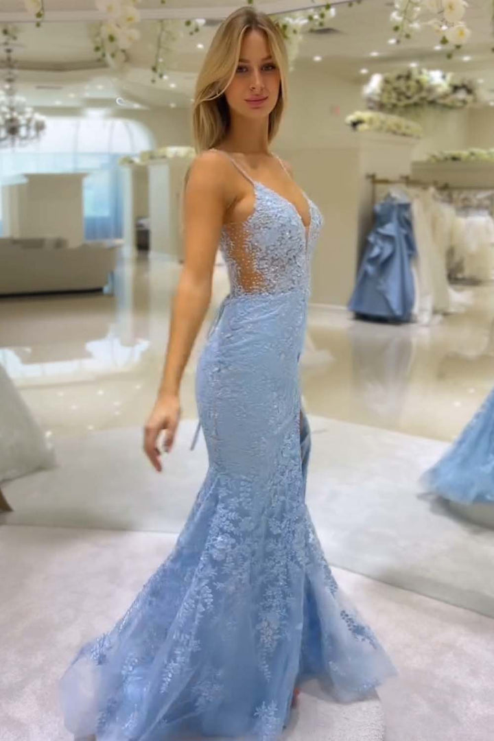 Light Blue Appliques Prom Dress with Slit