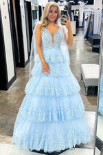 Load image into Gallery viewer, Light Blue Embroidery Ruffle Prom Dress
