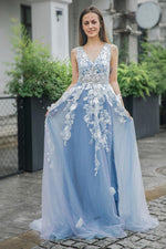 Load image into Gallery viewer, Blue Appliques V-neck Tulle Prom Dress with Slit
