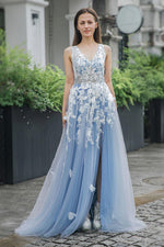 Load image into Gallery viewer, Blue Appliques V-neck Tulle Prom Dress with Slit
