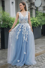 Load image into Gallery viewer, Blue Appliques V-neck Tulle Prom Dress with Slit

