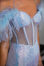 Load image into Gallery viewer, Light Blue Sequin Corset Prom Dress with Feathers
