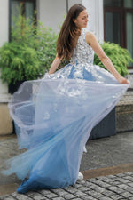 Load image into Gallery viewer, Blue Appliques V-neck Tulle Prom Dress with Slit
