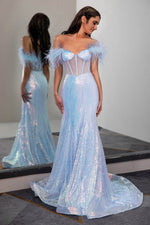 Load image into Gallery viewer, Light Blue Sequin Corset Prom Dress with Feathers
