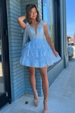 Load image into Gallery viewer, Light Blue Ruffle Straps Homecoming Dress
