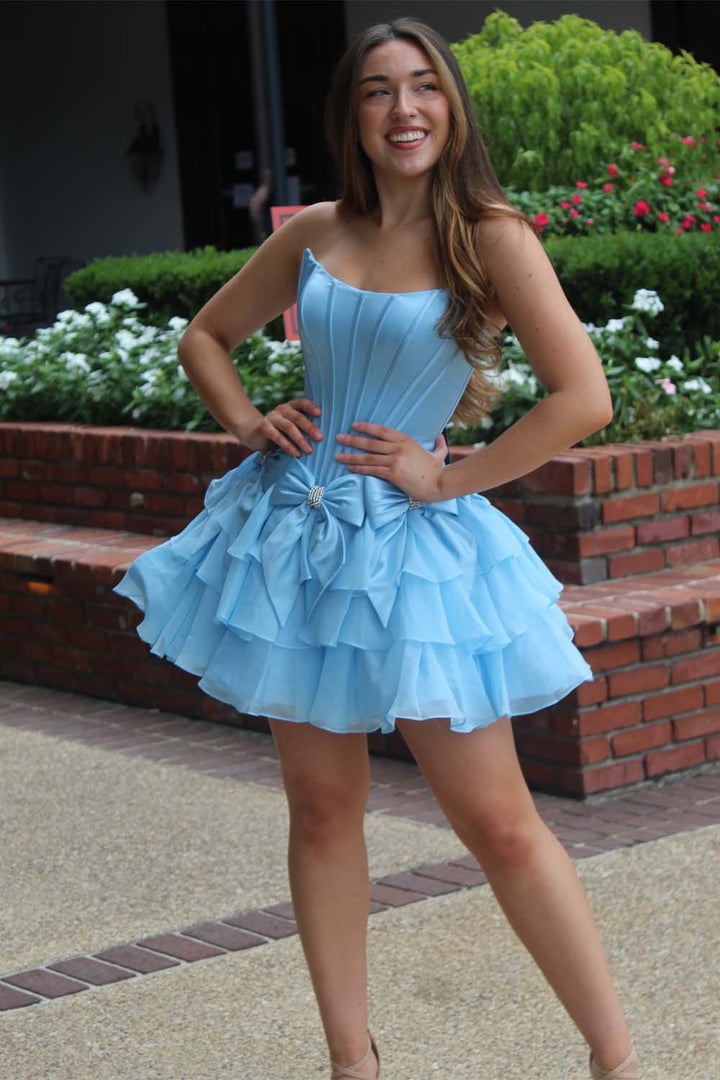 Tiered Skirts Strapless Bow Detail Homecoming Dress