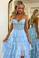 Load image into Gallery viewer, Corset Blue Sheer Corset Bodice Prom Dress
