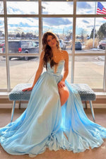 Load image into Gallery viewer, Light Blue Strapless Prom Gown with Slit
