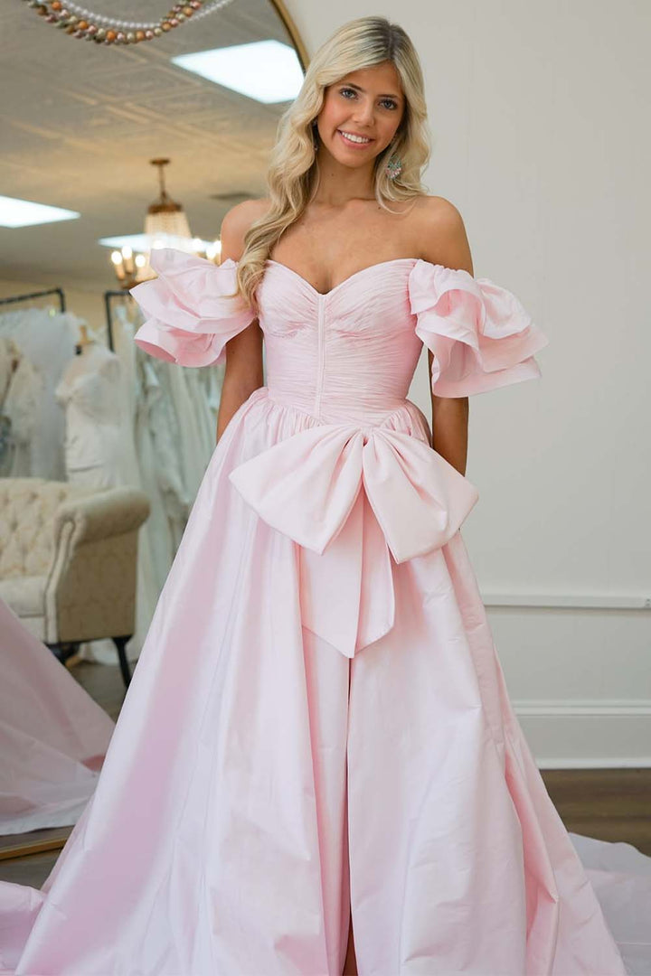 A-Line Light Pink Slit Prom Gown with Ruffle Sleeves