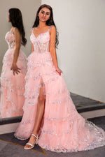 Load image into Gallery viewer, Sheer Corset Bodice Ruffle Prom Dress
