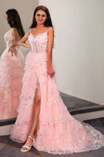 Load image into Gallery viewer, Sheer Corset Bodice Ruffle Prom Dress
