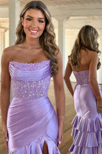 Load image into Gallery viewer, Lilac Strapless Ruffle Slit Prom Dress with Lace Top

