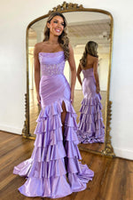 Load image into Gallery viewer, Lilac Strapless Ruffle Slit Prom Dress with Lace Top
