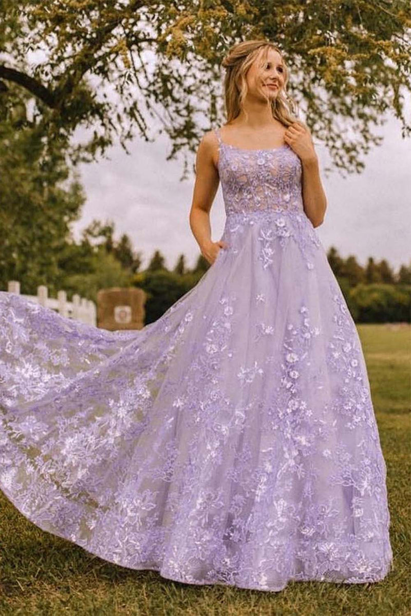 Llella A-line Lilac Tulle Long Junior Prom Dress with Appliques – LLELLA