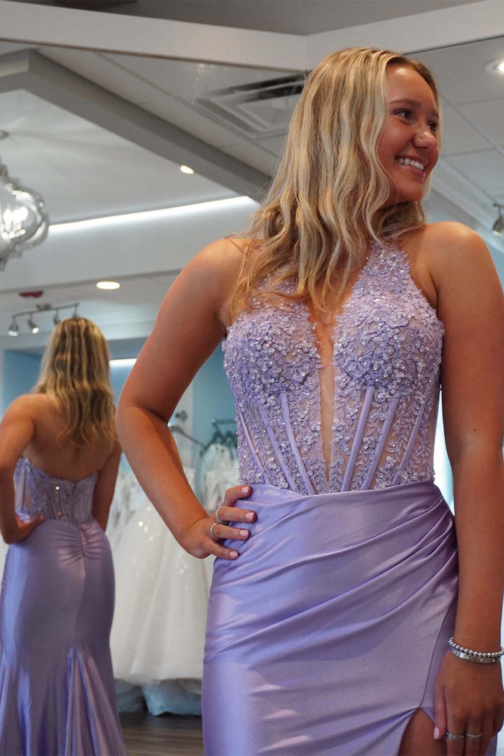 Halter Corset Slit Prom Dress with Appliques