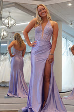 Load image into Gallery viewer, Halter Corset Slit Prom Dress with Appliques
