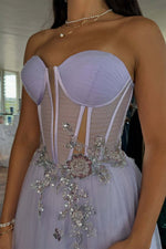 Load image into Gallery viewer, Lilac Sweetheart Sheer Bodice Prom Gown
