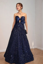 Load image into Gallery viewer, Navy Strapless Sequin Cut-Out Prom Dress
