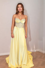 Load image into Gallery viewer, Yellow Corset Bodice Illusion Mesh Prom Dress
