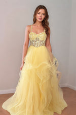 Load image into Gallery viewer, Yellow Sheer Illusion Mesh Ruffle Prom Dress
