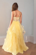 Load image into Gallery viewer, Yellow Sheer Illusion Mesh Ruffle Prom Dress

