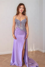 Load image into Gallery viewer, Lilac Sheer Corset Prom Dress with Side Slit
