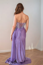 Load image into Gallery viewer, Lilac Sheer Corset Prom Dress with Side Slit
