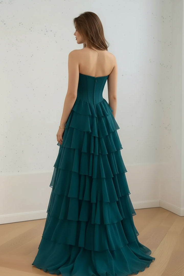 Dark Green Ruffle Corset Prom Gown