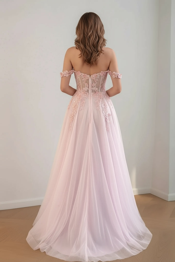 Light Pink Sheer Illusion 3D Appliques Prom Dress