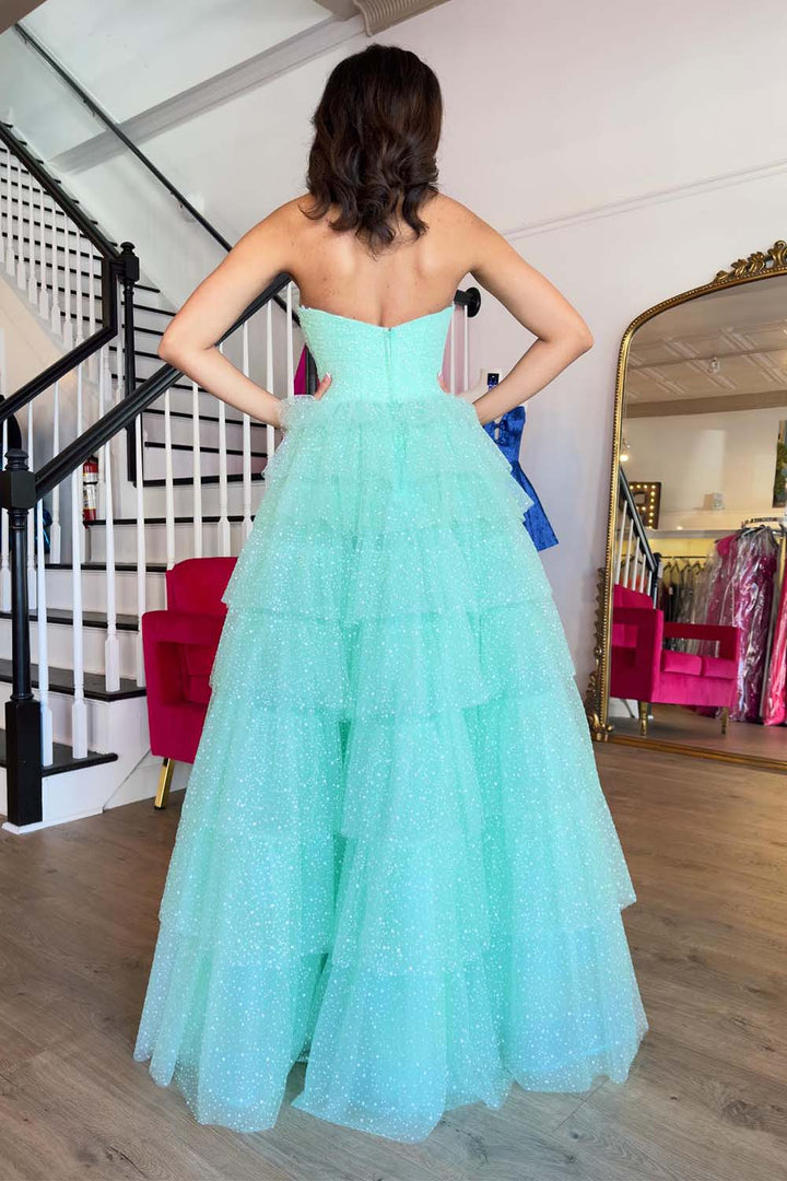 Straplesss Tulle Tiered Prom Gown