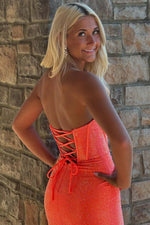 Load image into Gallery viewer, Strapless Corset Bodice Prom Dress with Ruffle Slit

