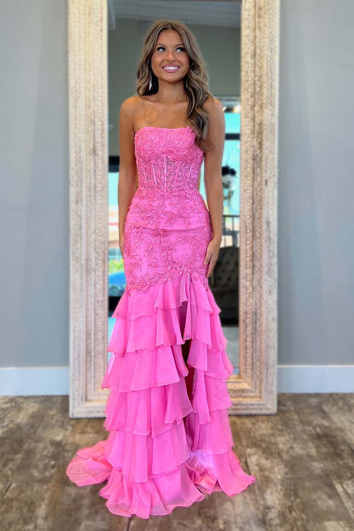 Strapless Lace Corset Prom Dress with Ruffle Skirt