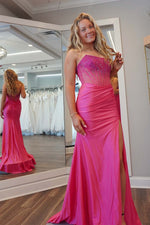 Load image into Gallery viewer, Strapless Bodycon Slit Prom Dress with Beads
