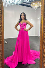 Load image into Gallery viewer, A-Line Strapless Bows Prom Gown with Slit
