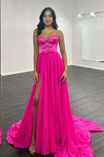 Load image into Gallery viewer, A-Line Strapless Bows Prom Gown with Slit
