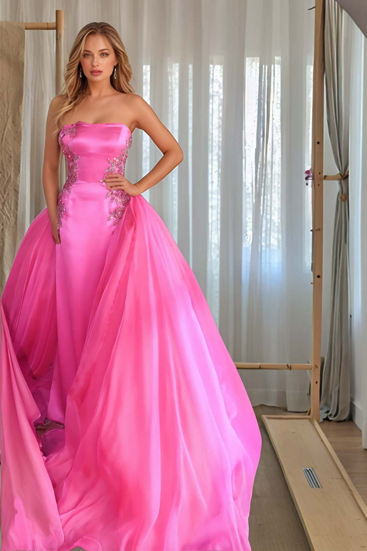 Strapless Hot Pink Prom Dress with 3D Appliques