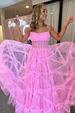 Load image into Gallery viewer, Sheer Corset Bodice Light Pink Strapless Prom Dress
