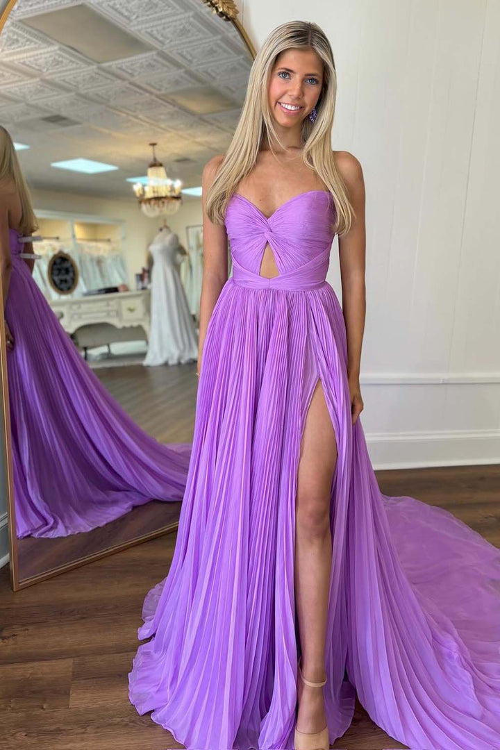 Lilac Pleated Slit Strapless Prom Dress