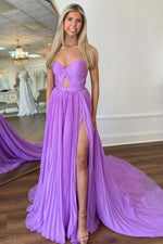 Load image into Gallery viewer, Lilac Pleated Slit Strapless Prom Dress
