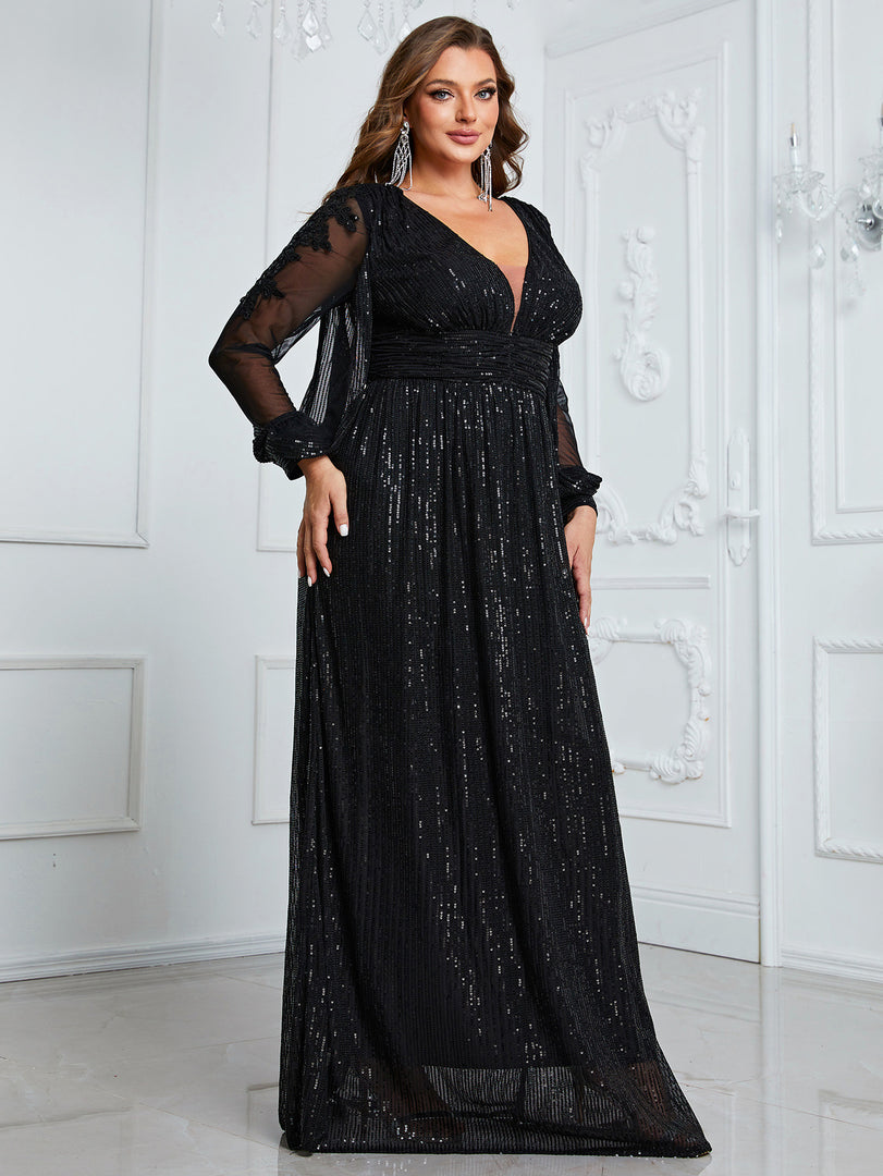 Plus Size Black Long Sleeves Formal Dress
