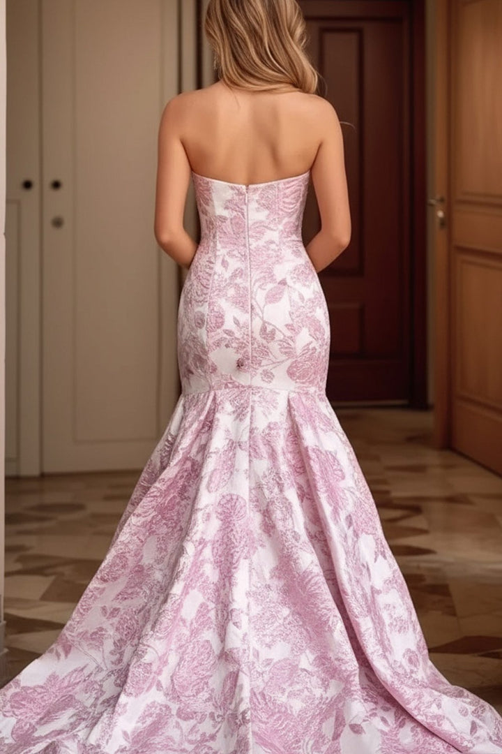 Strapless Light Pink Floral Prom Gown