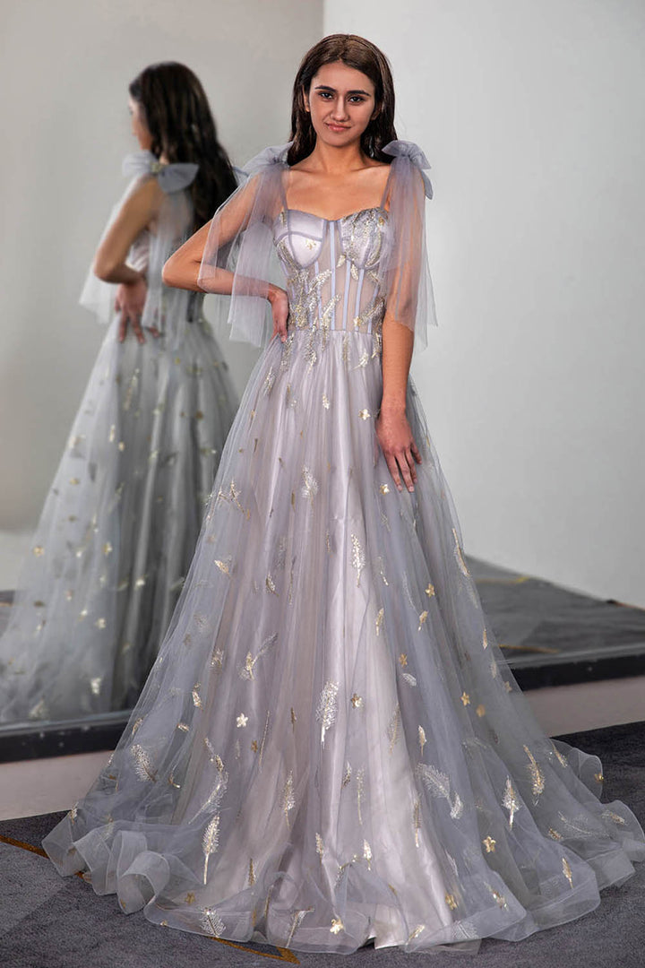 Tulle Sheer Corset Bodice Prom Dress with Feather Embroidery