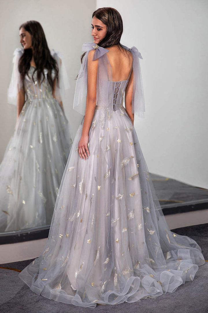 Tulle Sheer Corset Bodice Prom Dress with Feather Embroidery